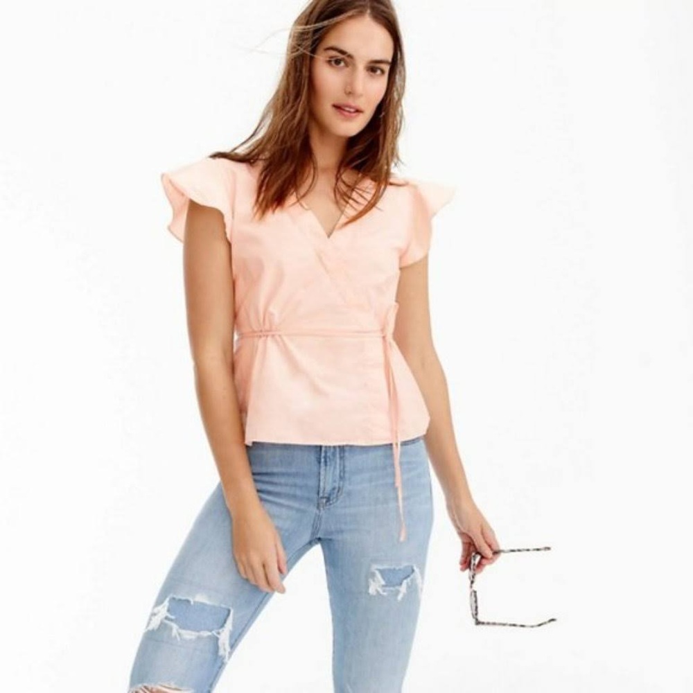 J CREW Pink Poplin Flutter-Sleeve Wrap Top - J3968 - Sz 0 - Picture 2 of 13